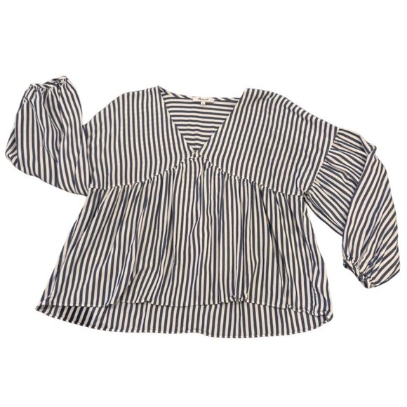 Madewell Blue & White Striped V-Neck Peplum Blouse With Long Balloon Sleeves Siz - Picture 4 of 9
